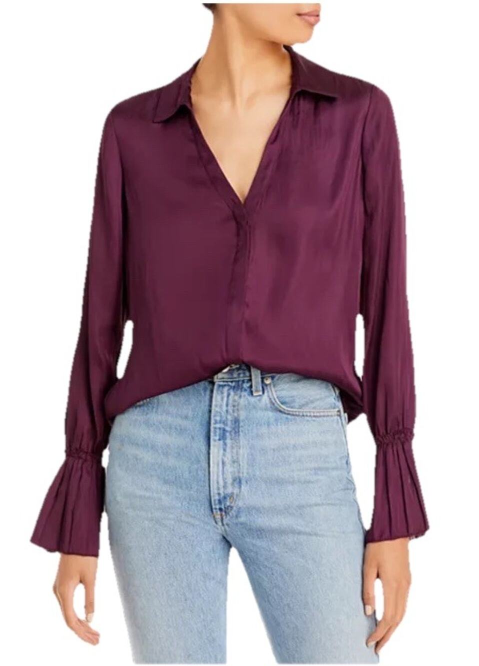 Paige Women's Abriana Shirt Long Pleated Flare Sleeve Blouse Size XS Purple
